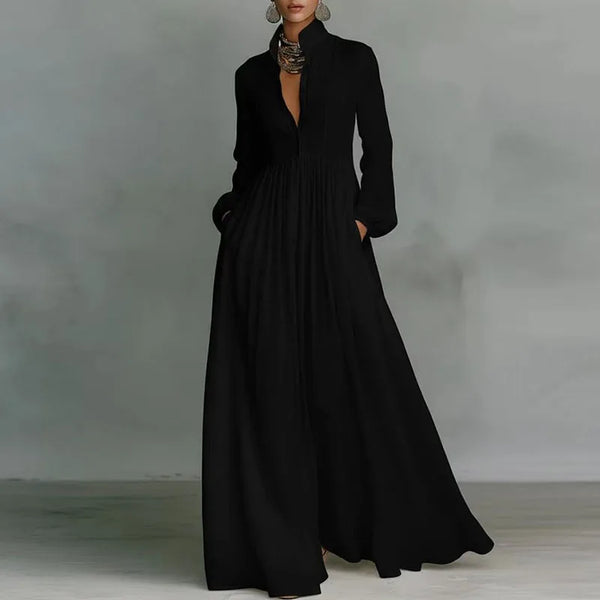 French Elegant Long Dress Woman Spring  Pockets Pleated Maxi Dress