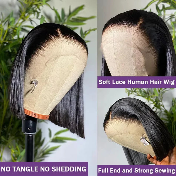 Short Bob Wig 100% Human Hair Bone Straight Lace Front Wig Invisible 13x4 Lace Wigs For Black Women Natural Black 200 Density