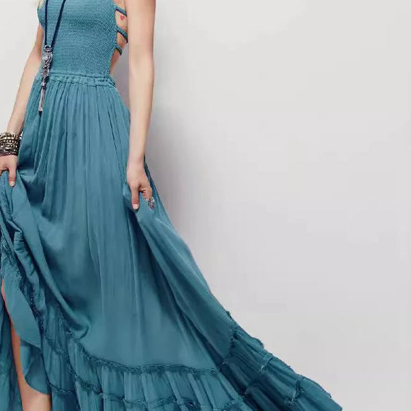Women Summer Long Maxi Dress White  Backless Bohemian Beach Dress