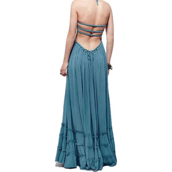 Women Summer Long Maxi Dress White  Backless Bohemian Beach Dress