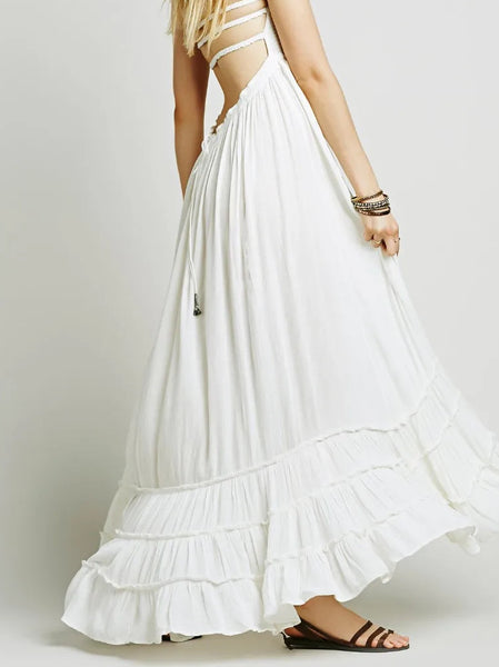 Women Summer Long Maxi Dress White  Backless Bohemian Beach Dress