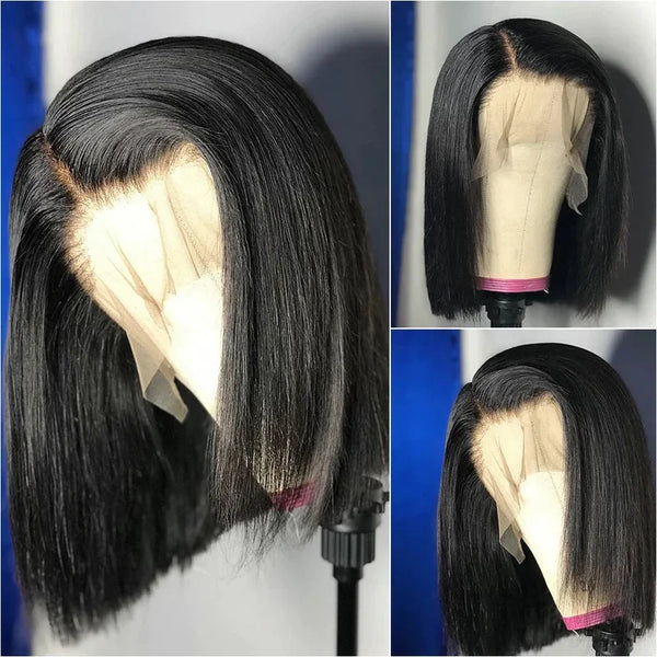 Short Bob Wig 100% Human Hair Bone Straight Lace Front Wig Invisible 13x4 Lace Wigs For Black Women Natural Black 200 Density
