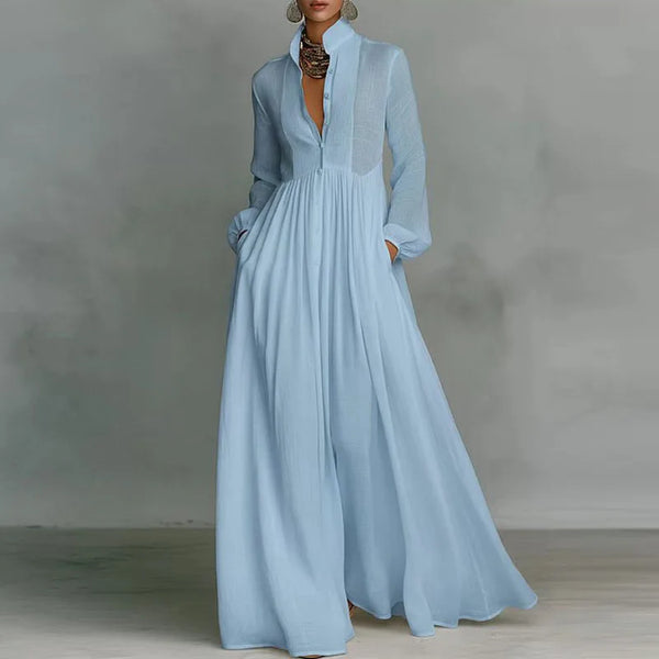 French Elegant Long Dress Woman Spring  Pockets Pleated Maxi Dress